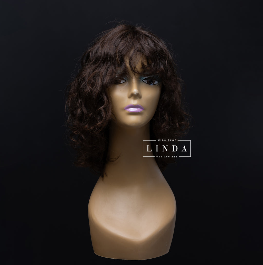 Curly Dark Brown Natural Material Top Wig – Short Length